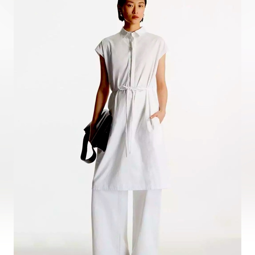 COS White Belted Cotton Dress, Size 10